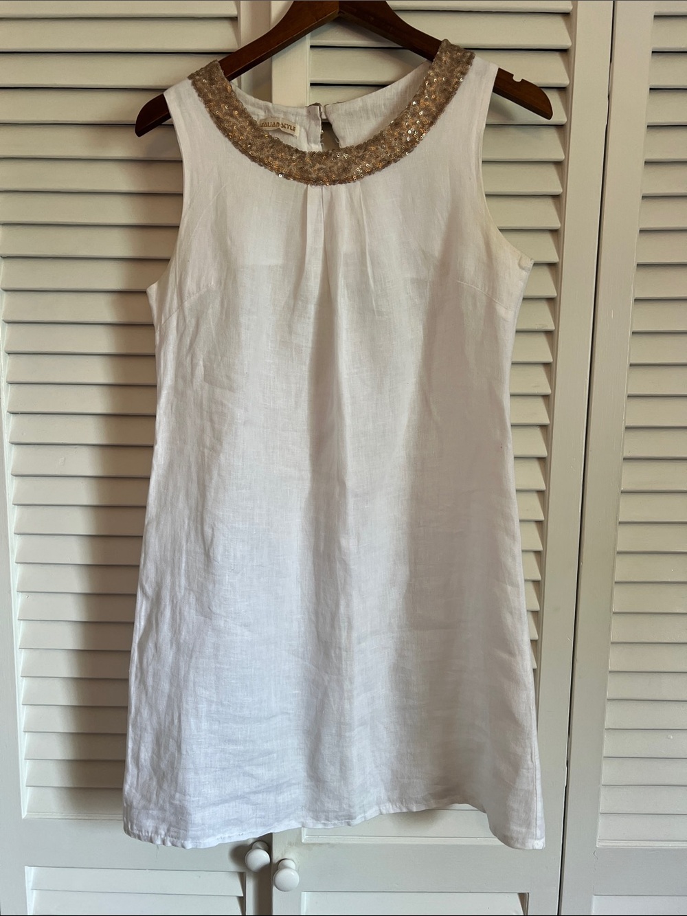Italian White Linen Mini Dress with Gold Sequin Neckline